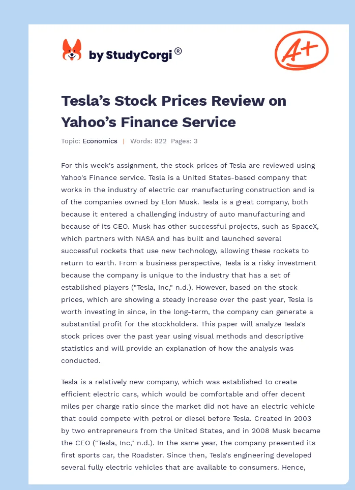 Tesla’s Stock Prices Review on Yahoo’s Finance Service. Page 1