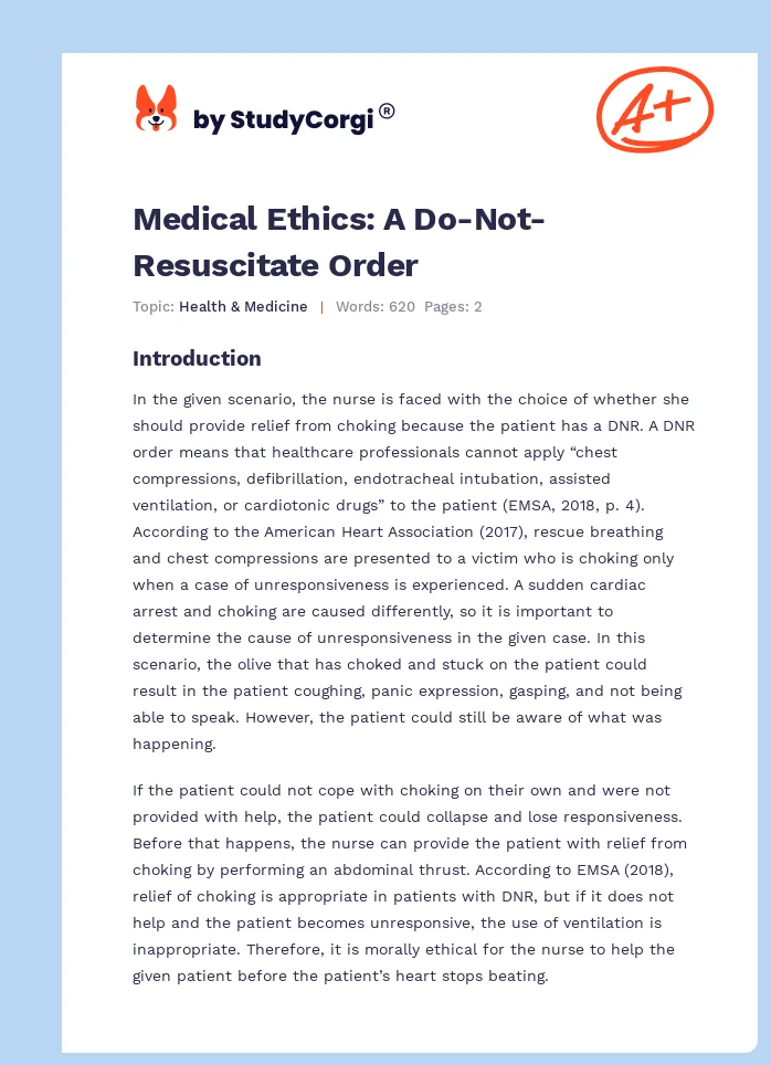 Medical Ethics: A Do-Not-Resuscitate Order. Page 1
