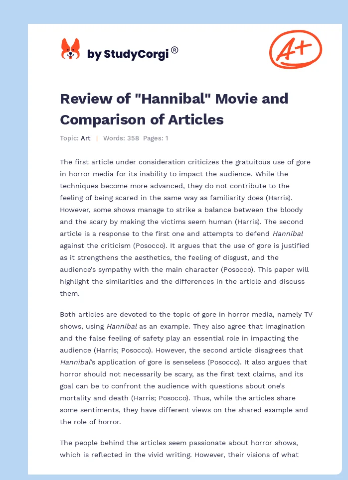 Review of "Hannibal" Movie and Comparison of Articles. Page 1