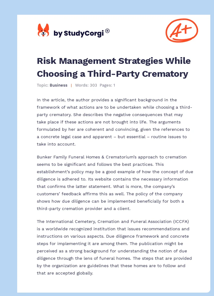 Risk Management Strategies While Choosing a Third-Party Crematory. Page 1