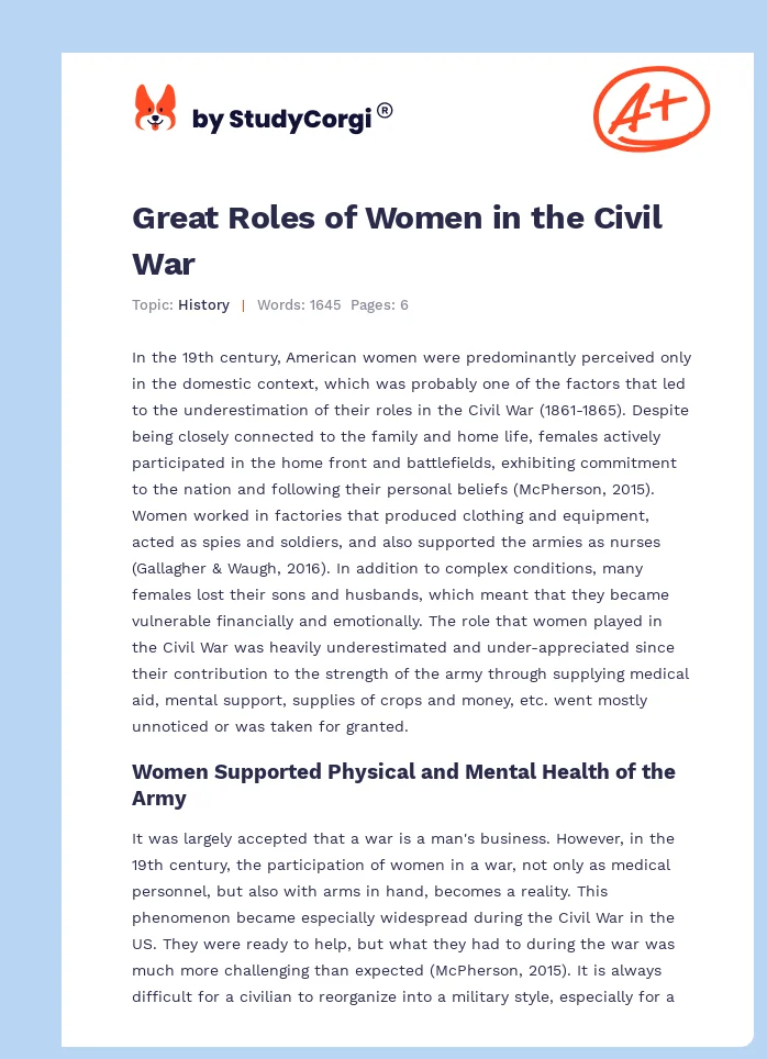 Great Roles of Women in the Civil War. Page 1