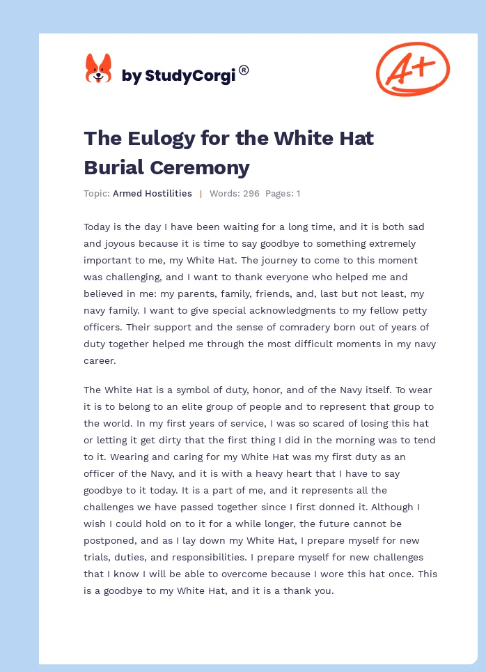 The Eulogy for the White Hat Burial Ceremony. Page 1
