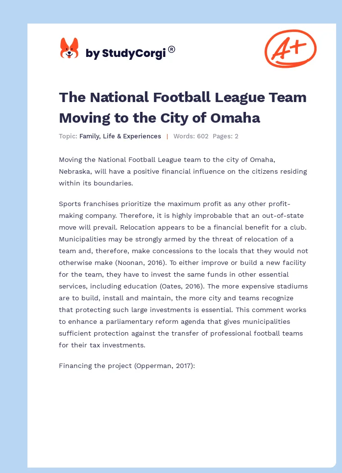 The National Football League Team Moving to the City of Omaha. Page 1