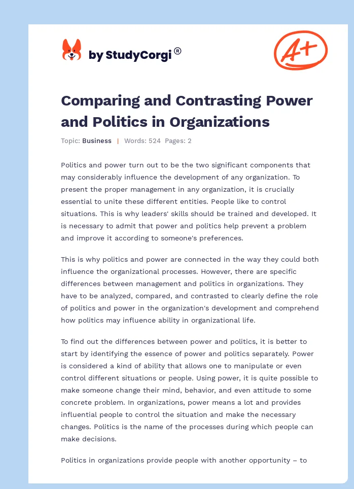 Comparing and Contrasting Power and Politics in Organizations. Page 1