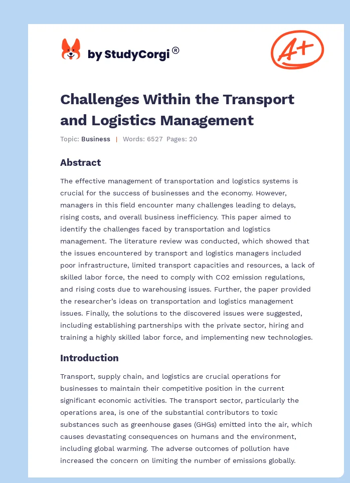 Challenges Within the Transport and Logistics Management. Page 1