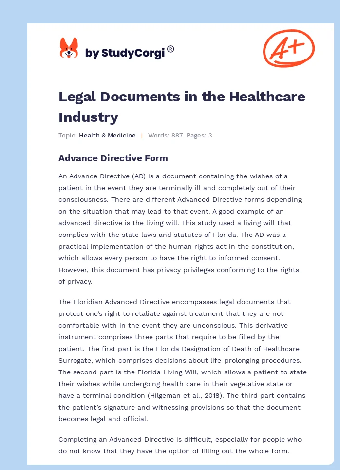 Legal Documents in the Healthcare Industry. Page 1