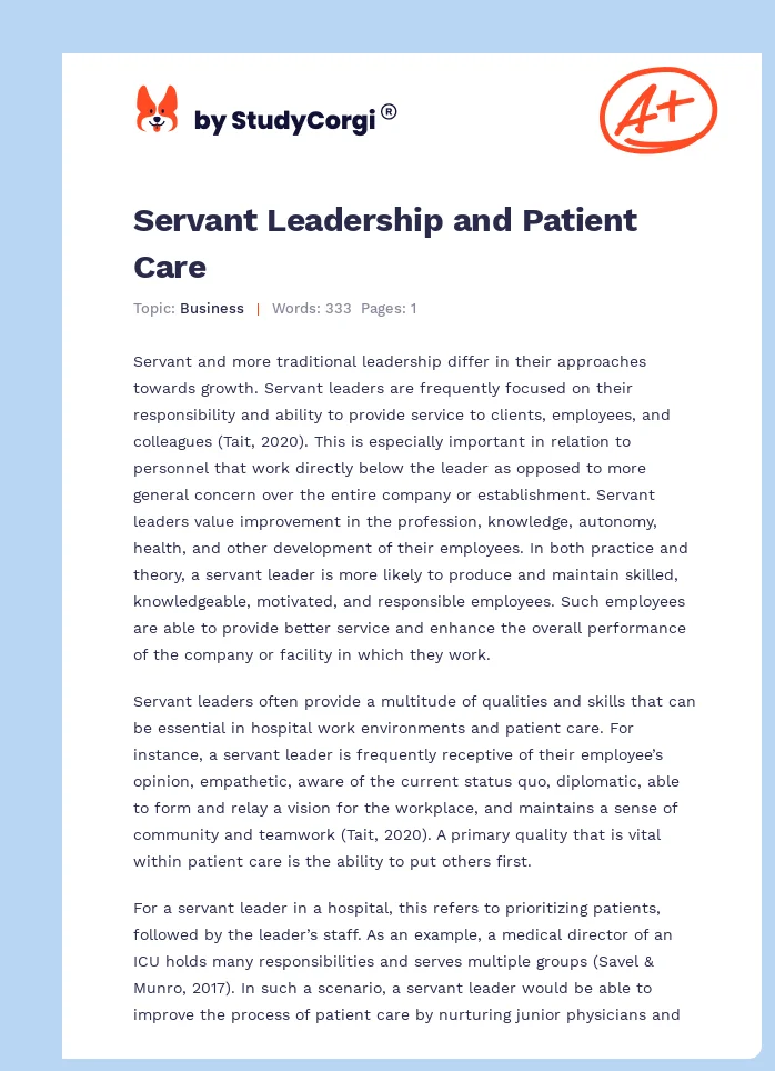 Servant Leadership and Patient Care. Page 1