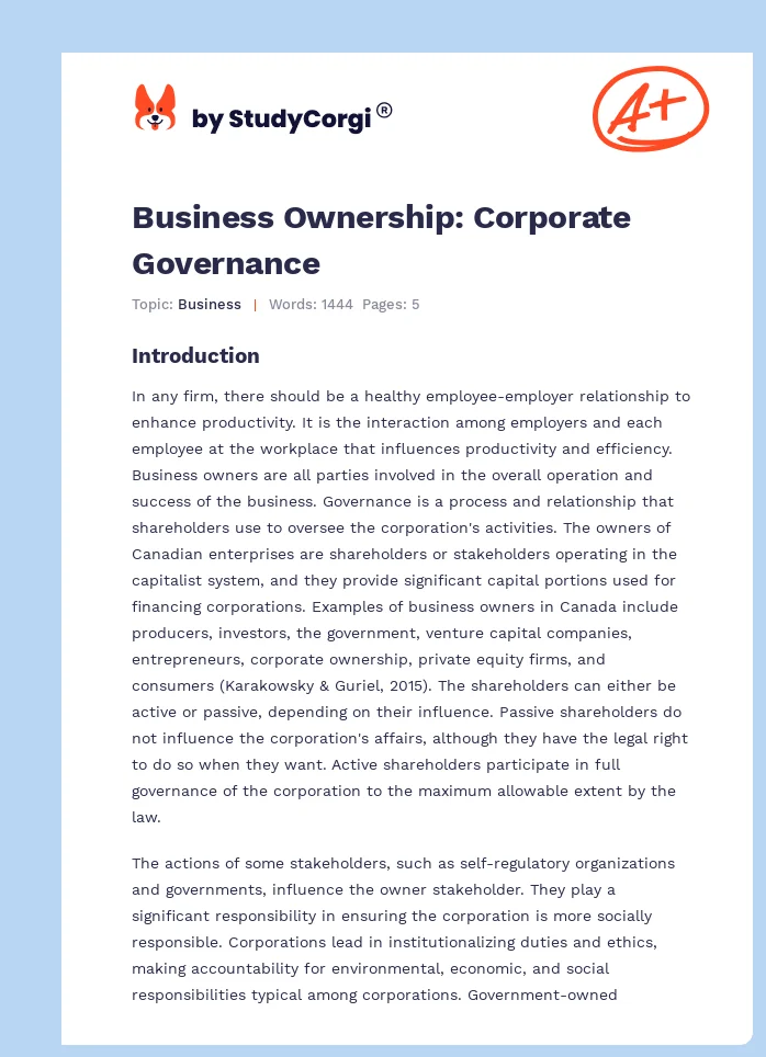 Business Ownership: Corporate Governance. Page 1