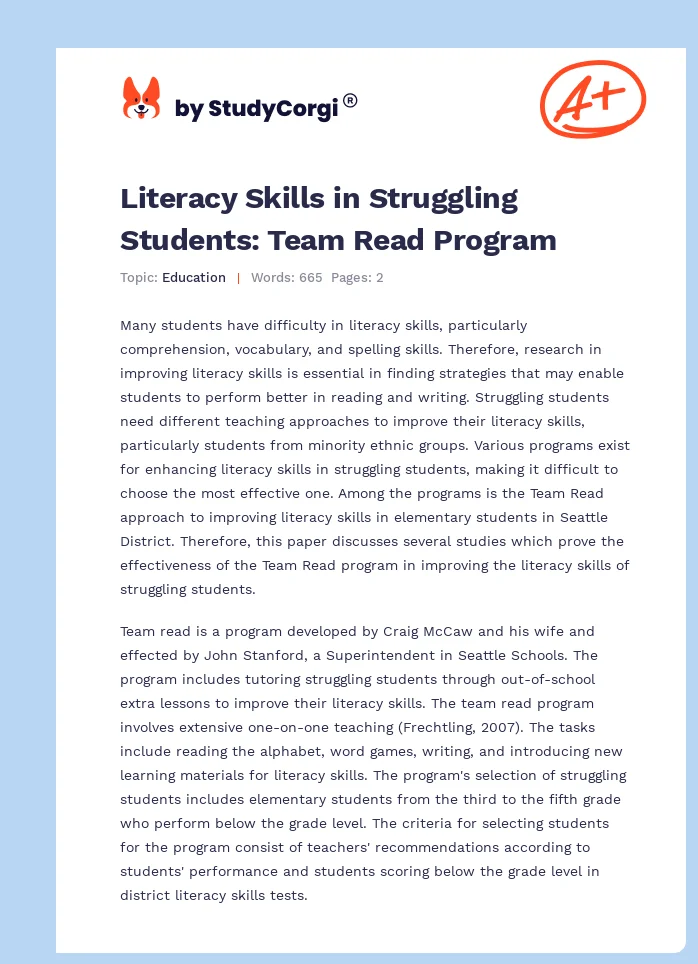 Literacy Skills in Struggling Students: Team Read Program. Page 1