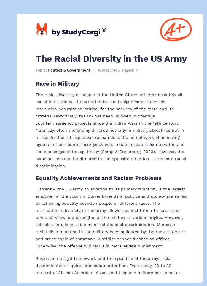 The Racial Diversity in the US Army. Page 1