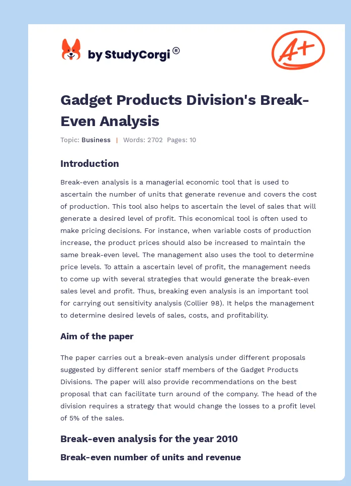 Gadget Products Division's Break-Even Analysis. Page 1