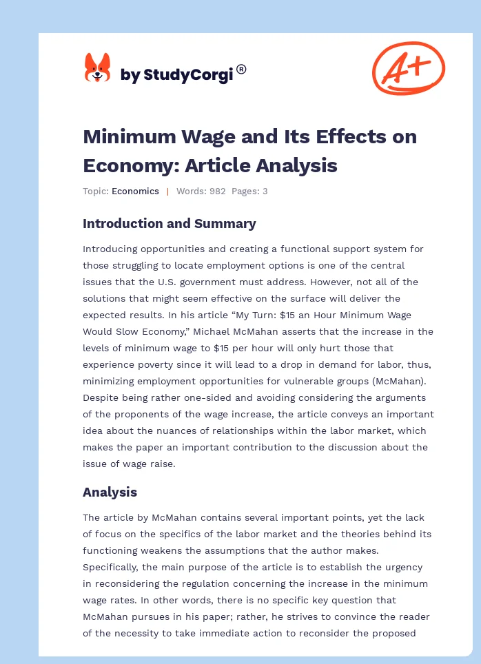 Minimum Wage and Its Effects on Economy: Article Analysis. Page 1