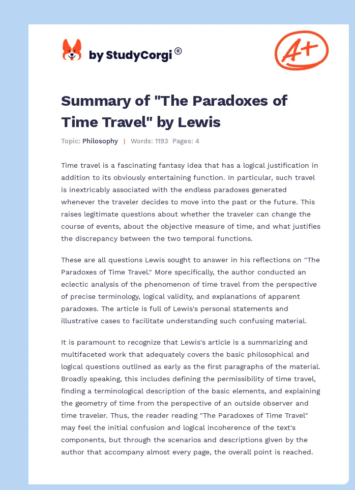 Summary of "The Paradoxes of Time Travel" by Lewis. Page 1