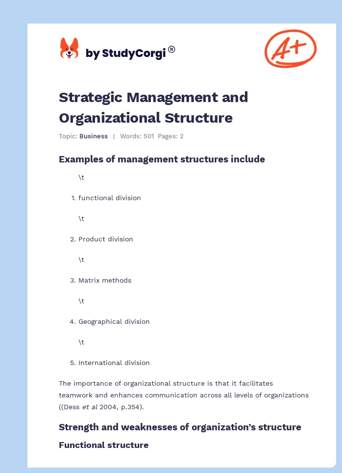 Strategic Management and Organizational Structure. Page 1