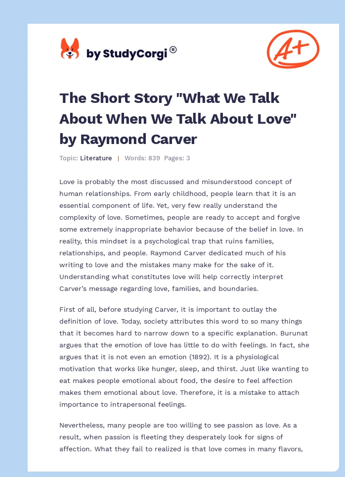 The Short Story "What We Talk About When We Talk About Love" by Raymond Carver. Page 1