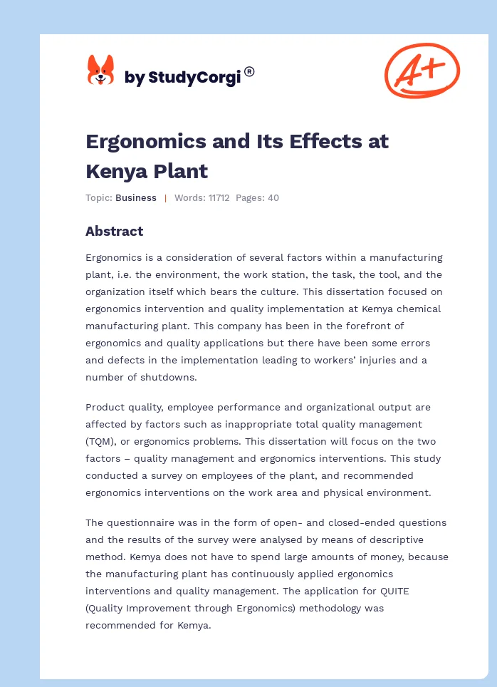 Ergonomics and Its Effects at Kenya Plant. Page 1