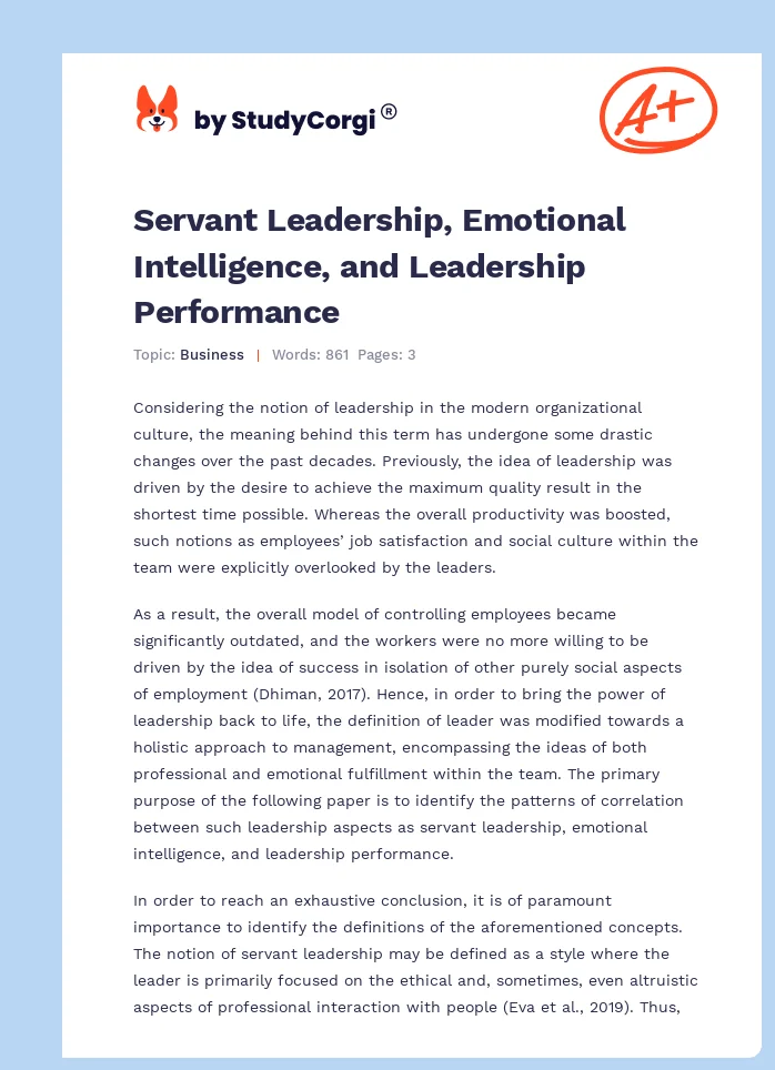 Servant Leadership, Emotional Intelligence, and Leadership Performance. Page 1