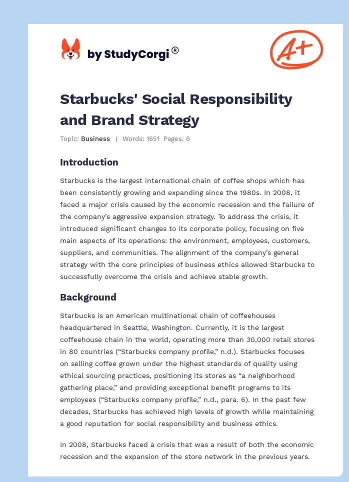 Starbucks' Social Responsibility and Brand Strategy. Page 1