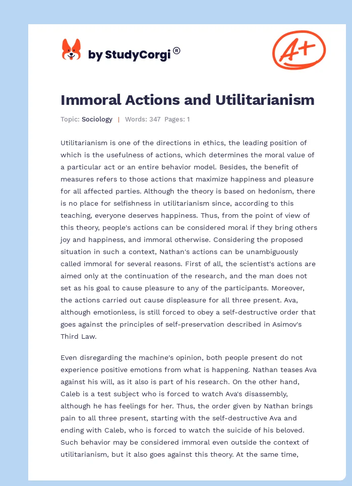 Immoral Actions and Utilitarianism. Page 1