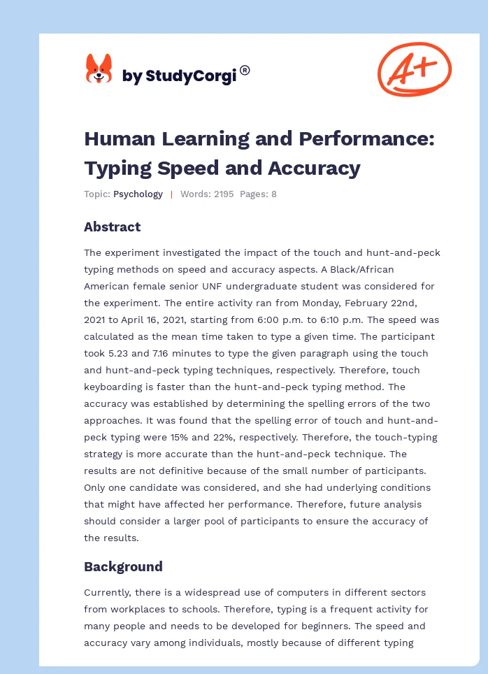 Human Learning and Performance: Typing Speed and Accuracy. Page 1
