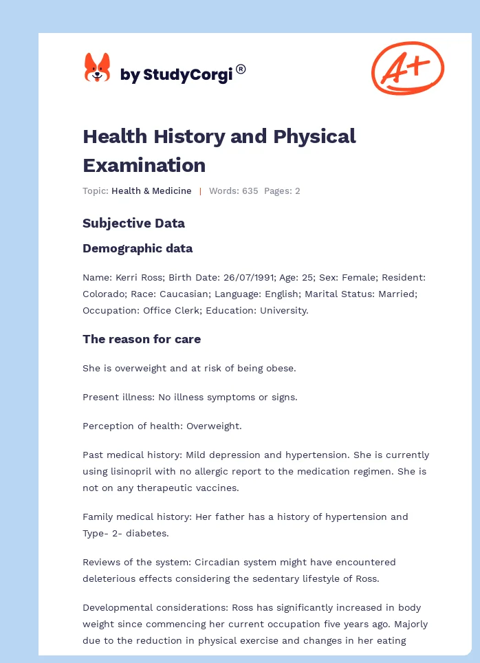 Health History and Physical Examination. Page 1