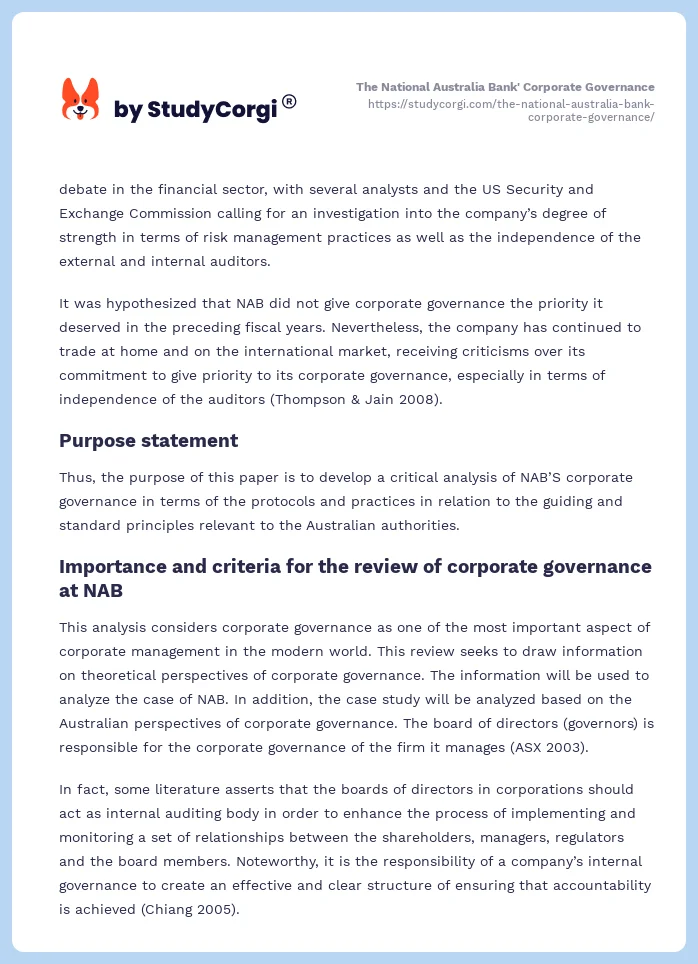 The National Australia Bank' Corporate Governance. Page 2