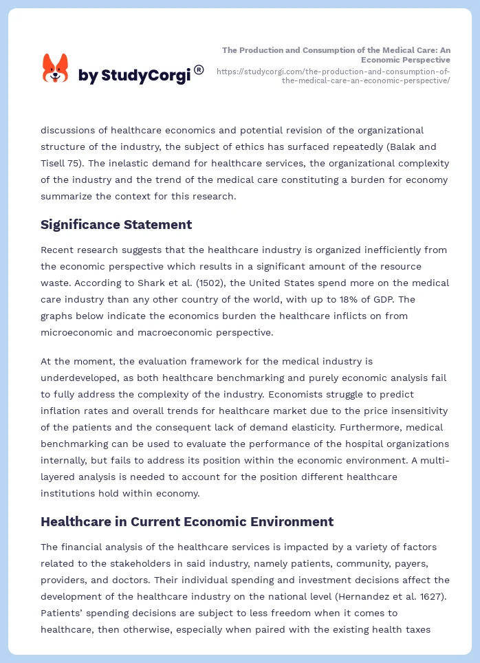 The Production and Consumption of the Medical Care: An Economic Perspective. Page 2