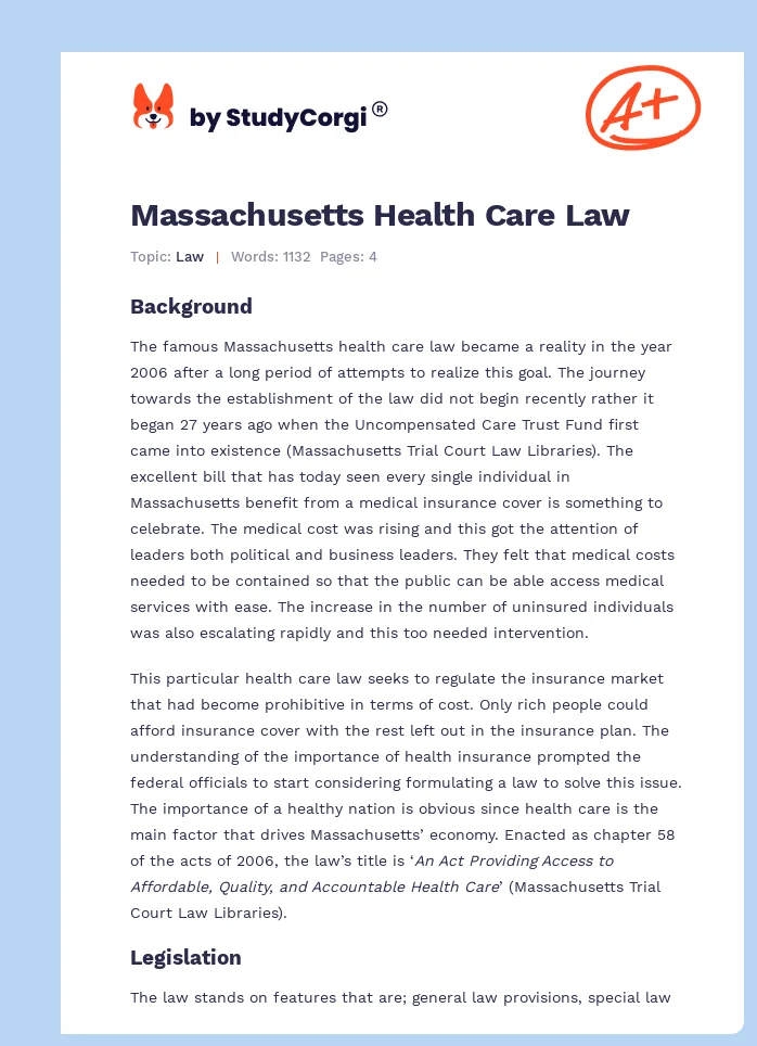 Massachusetts Health Care Law. Page 1