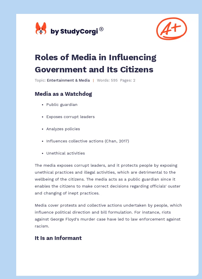 Roles of Media in Influencing Government and Its Citizens. Page 1