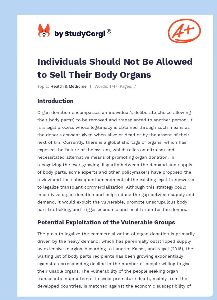 Individuals Should Not Be Allowed to Sell Their Body Organs. Page 1