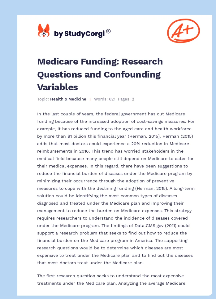 Medicare Funding: Research Questions and Confounding Variables. Page 1