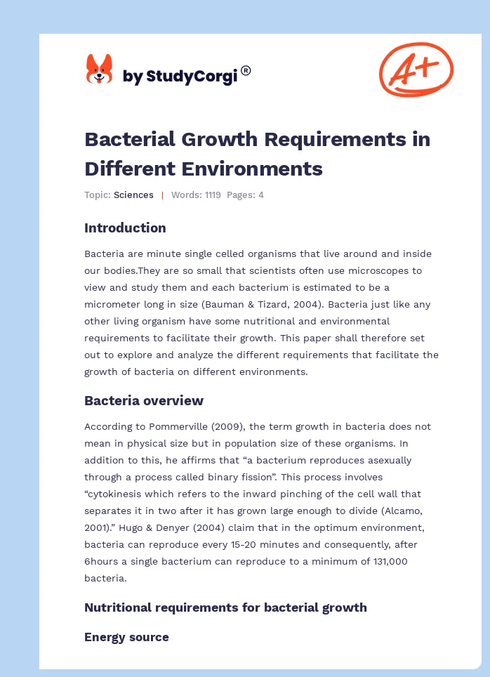 Bacterial Growth Requirements in Different Environments. Page 1