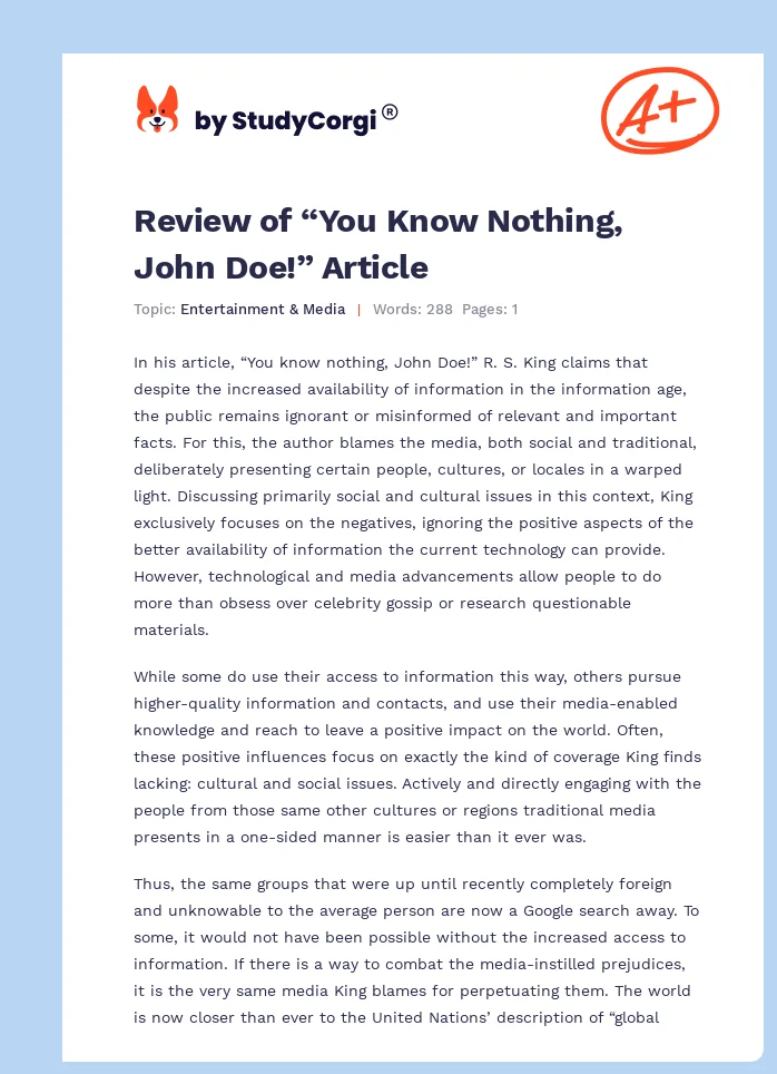 Review of “You Know Nothing, John Doe!” Article. Page 1