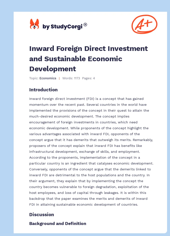 Inward Foreign Direct Investment and Sustainable Economic Development. Page 1
