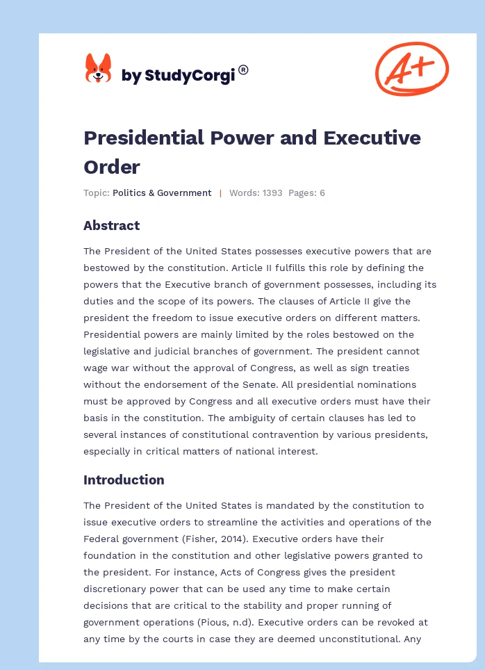 Presidential Power and Executive Order. Page 1