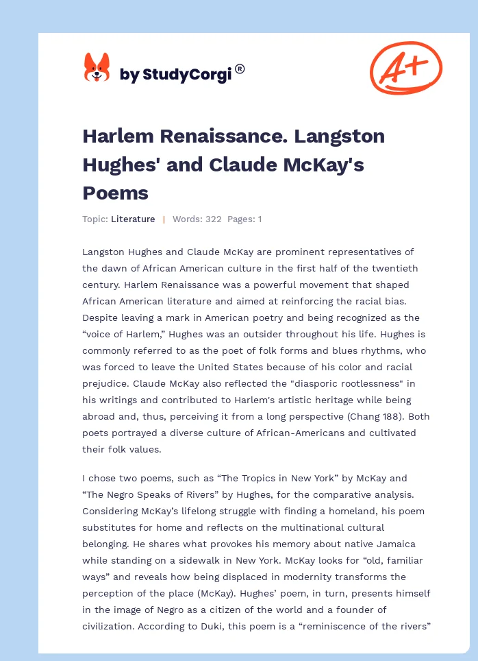 Harlem Renaissance. Langston Hughes' and Claude McKay's Poems. Page 1