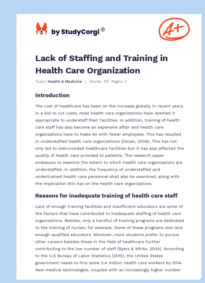 Lack of Staffing and Training in Health Care Organization. Page 1