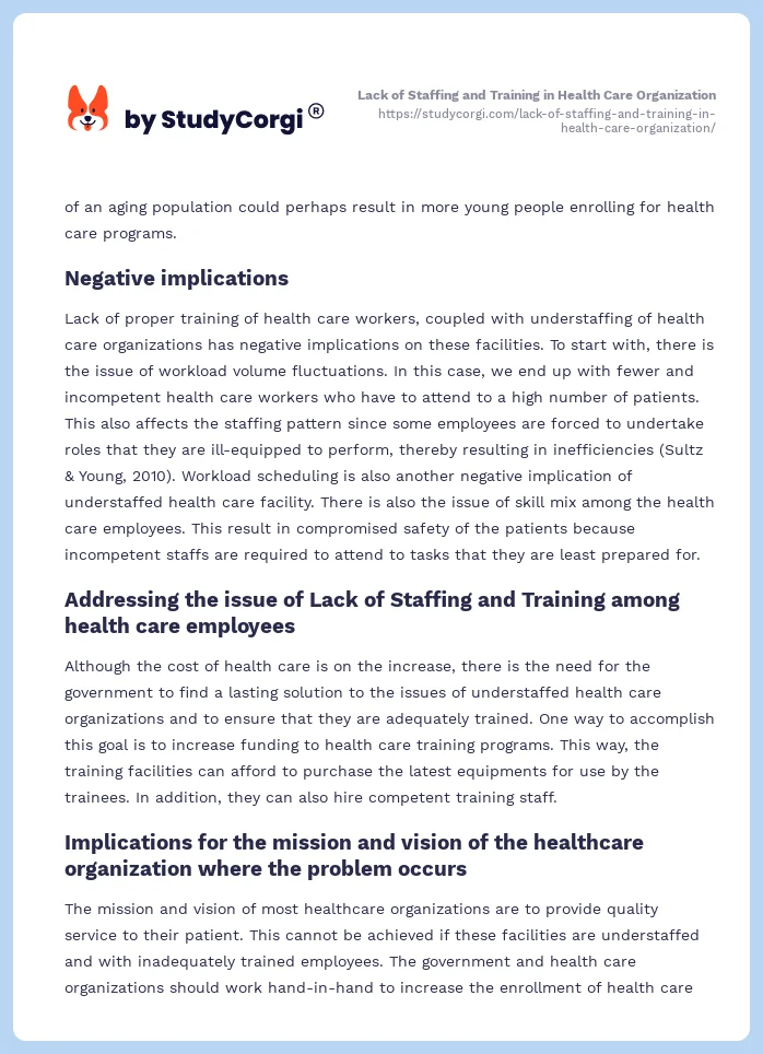Lack of Staffing and Training in Health Care Organization. Page 2