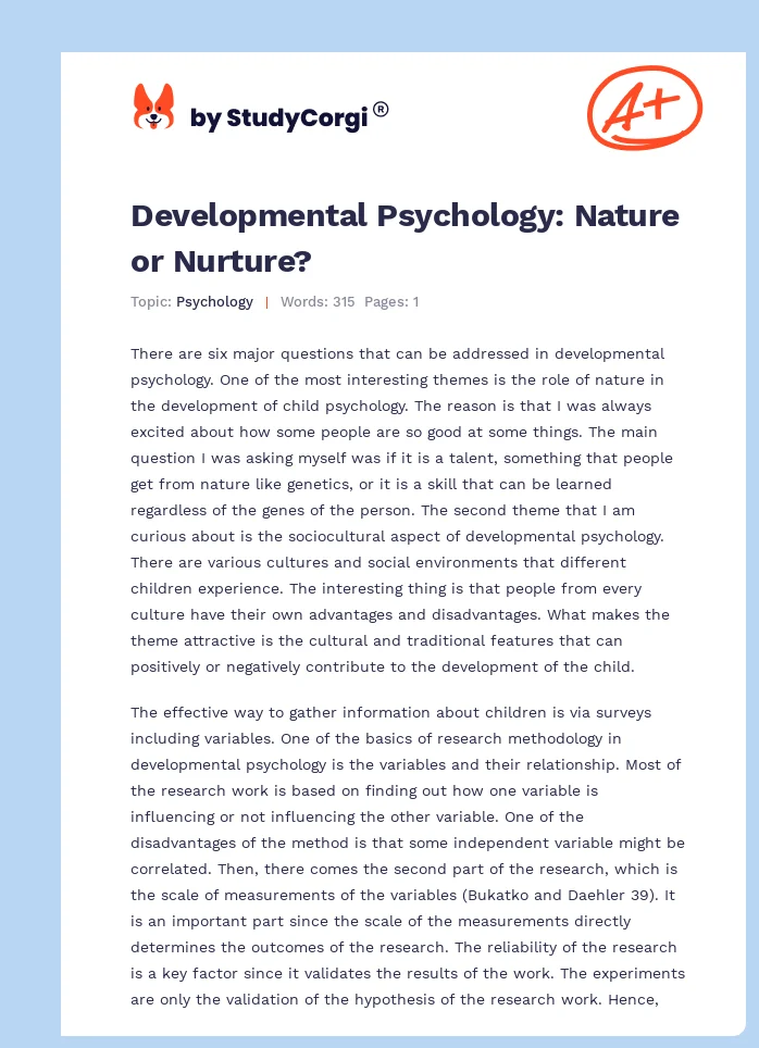 Developmental Psychology: Nature or Nurture?. Page 1