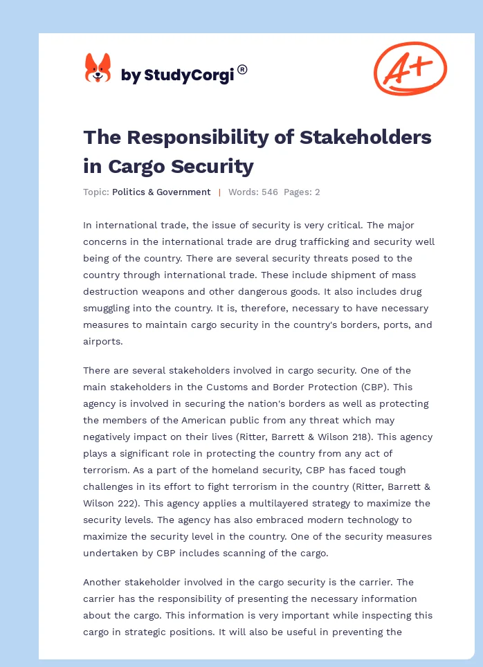 The Responsibility of Stakeholders in Cargo Security. Page 1