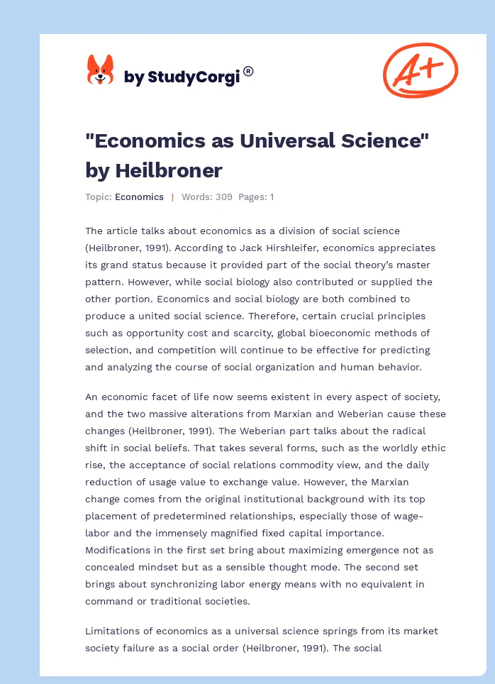 "Economics as Universal Science" by Heilbroner. Page 1