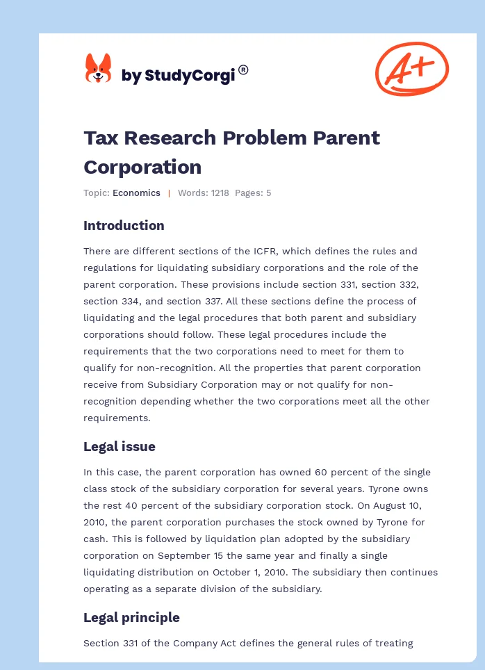 Tax Research Problem Parent Corporation. Page 1