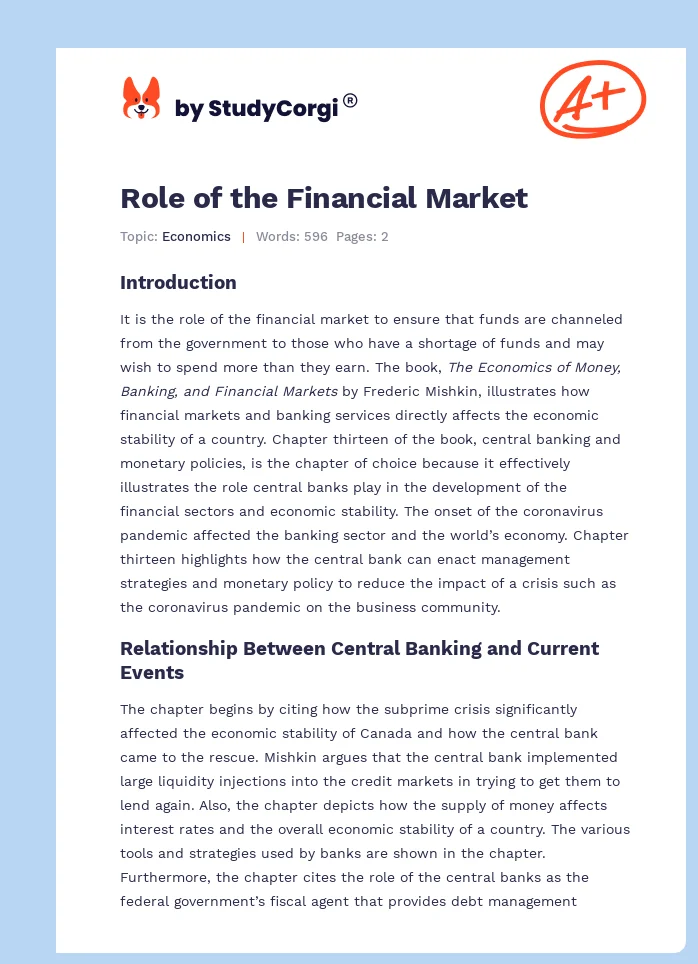 Role of the Financial Market. Page 1