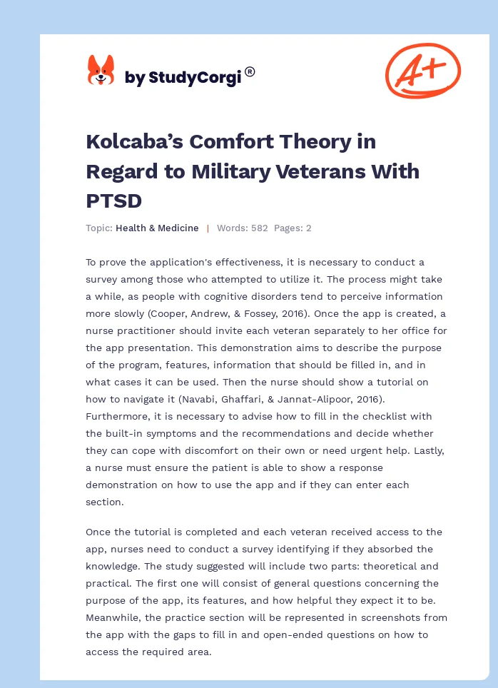 Kolcaba’s Comfort Theory in Regard to Military Veterans With PTSD. Page 1