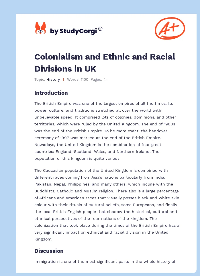 Colonialism and Ethnic and Racial Divisions in UK. Page 1