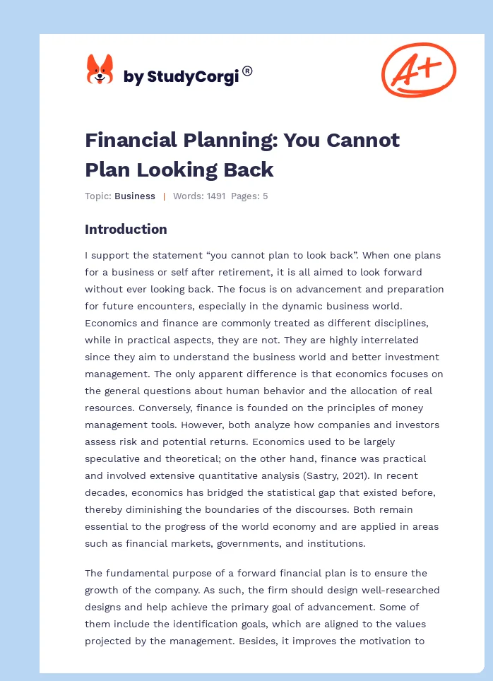 Financial Planning: You Cannot Plan Looking Back. Page 1