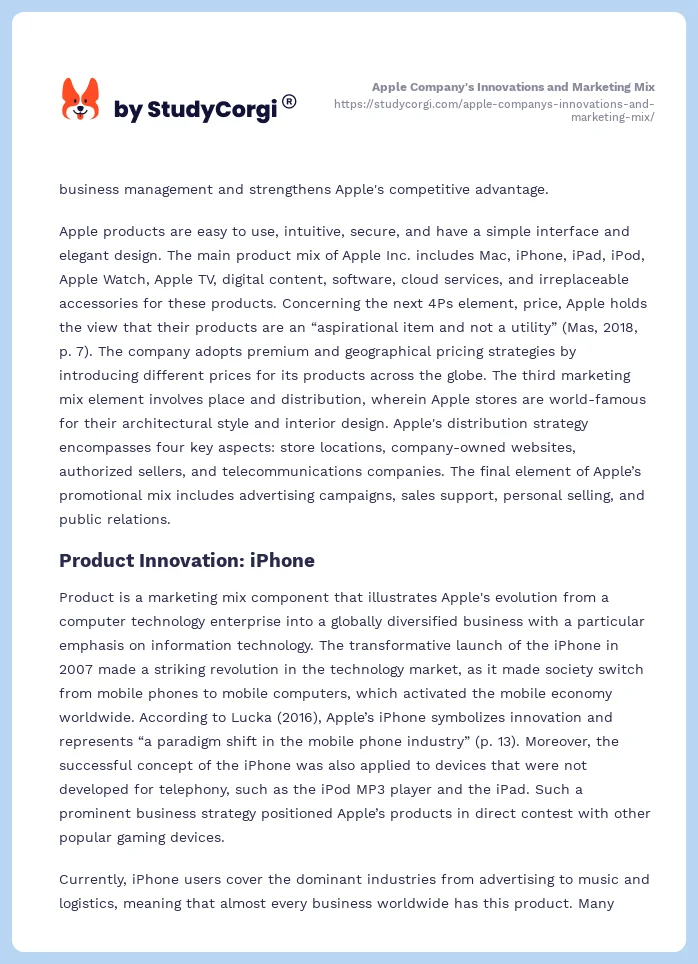 Apple Company's Innovations and Marketing Mix. Page 2