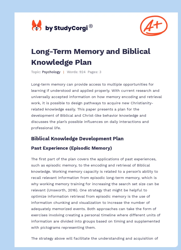 Long-Term Memory and Biblical Knowledge Plan. Page 1