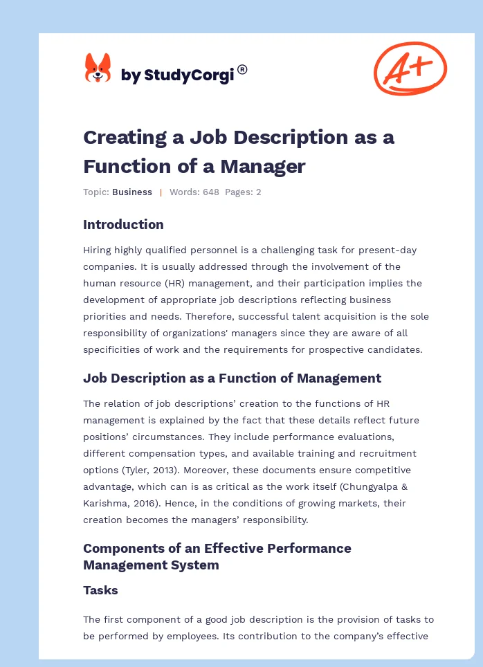 Creating a Job Description as a Function of a Manager. Page 1