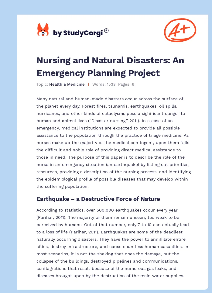 Nursing and Natural Disasters: An Emergency Planning Project. Page 1